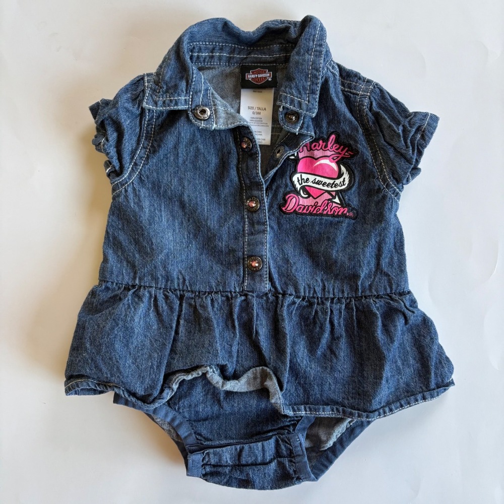 Harley-Davidson Baby Girls Denim Romper Dress Pink Winged Logo‎ 0-3 Months